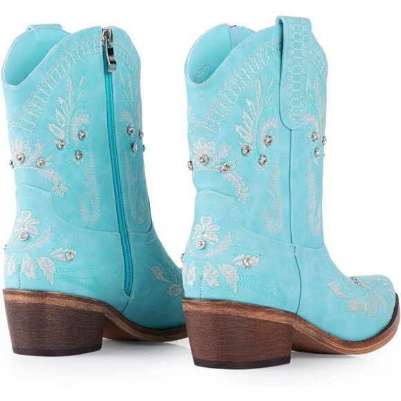 Women's Blue Embroidered Side Zipper Comfortable Chunky Heel Western Boot - Picture 6 of 6